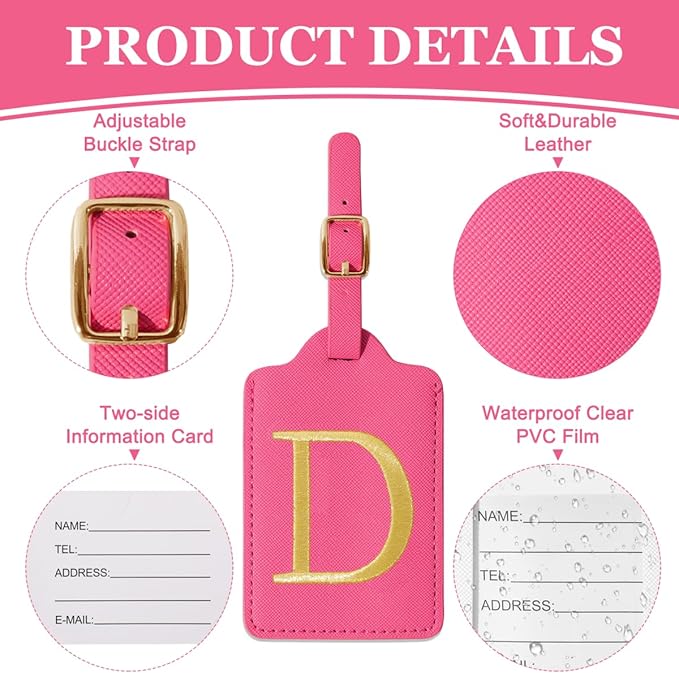 Personalized Initial Luggage Tags for Suitcases,Leather Letter Cute Luggage Tags with Privacy Name Card,Embroidered Monogrammed Travel Bag Backpack Tag Gifts for Women Kids Girls Teens(Rosered-D)