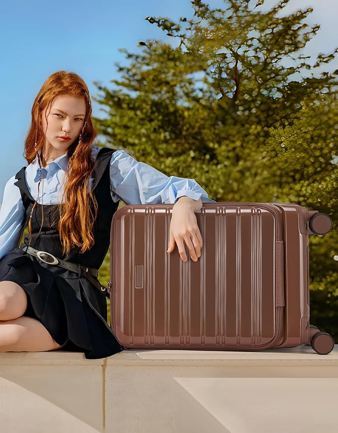 LARVENDER Carry On Luggage 22x14x9 Airline Approved, 20 Inch Expandable PC+ABS Hardside Carry On Luggage with Front Pocket Spinner Wheels TSA Lock for Women Men (Mocha)
