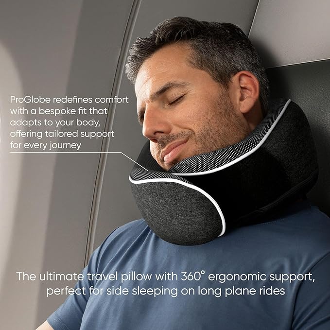 Proglobe Travel Neck Pillow 100% Memory Foam – Airplane & Car Travel Essentials Kit with 3D Eye Mask, Earplugs & Mesh Bag – Sleeping Support Pillow for Adults (Dark Grey)
