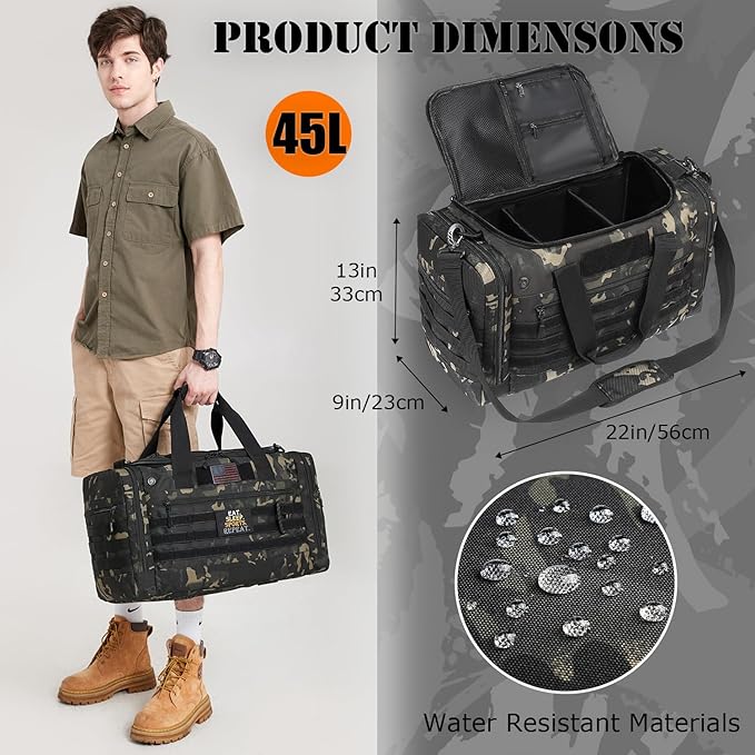 45L Gym Bag for Men & Women, Tactical Military Duffle Bag for Travel Weekender Gym Workout Deployment, Large Sports Bag for Hockey Football Baseball Soccer Basketball