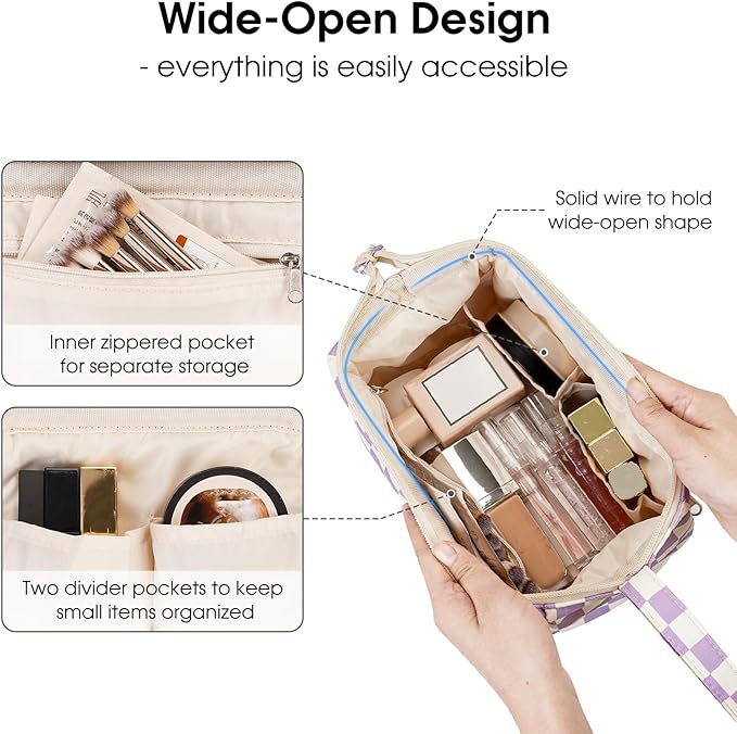 Narwey Checkered Makeup Bag Women Wide-open Make up Bag Travel Cosmetic Bag Organizer Toiletry Bag for Cosmetics Toiletries Accessories (Purple Checkerboard)