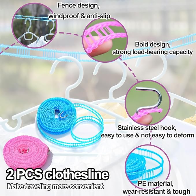 24PCS Travel Hangers,Portable Folding Clothes Hangers,Clothes Hangers with Clotheslines,Foldable Clothes Drying Rack for Travel,Plastic Foldable Non Slip Clothing Hangers