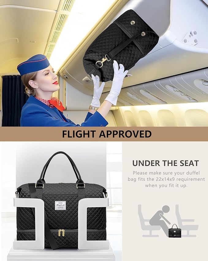 Women Weekender Travel Duffle Bags - Large Duffel Overnight Bag with Shoe Compartment & Toiletry Carry on Tote Weekend Yoga Gym Bags with Wet Pocket Hospital Bags for Labor and Delivery Black