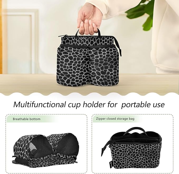 Silvery Leopard Print Black Luggage Cup Holder Travel Portable Free Hand Drink Carrier Suitcase Drinks Beverage Holder Carry-On Bottle Mug Holder Organizer Bag Travelers Accessories