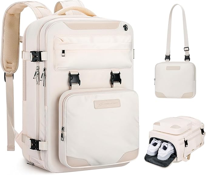 Maelstrom Travel Backpack for Women Men,25L Laptop Backpack Fits 15.6-Inch Laptop,Waterproof Carry On Backpack for Airplanes with Detachable Crossbody Bag & Shoe Compartment (Beige, Medium)