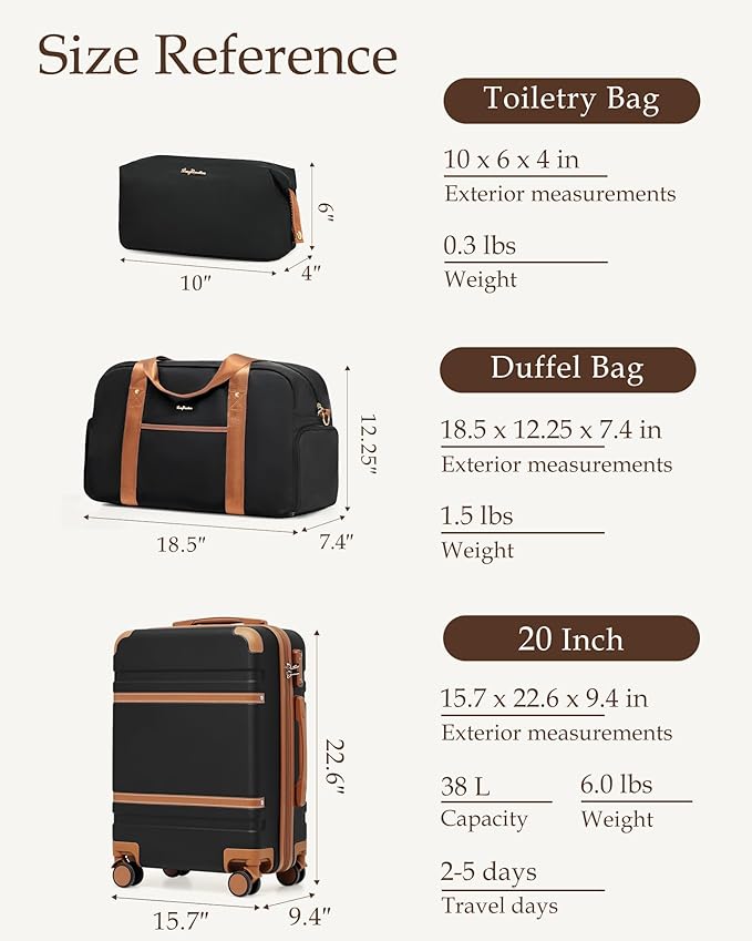 LONG VACATION Carry On Luggage Set 3 Piece, 20 Inch ABS+PC Hardshell Carry on Suitcase with Spinner Wheels TSA Lock & YKK Zipper