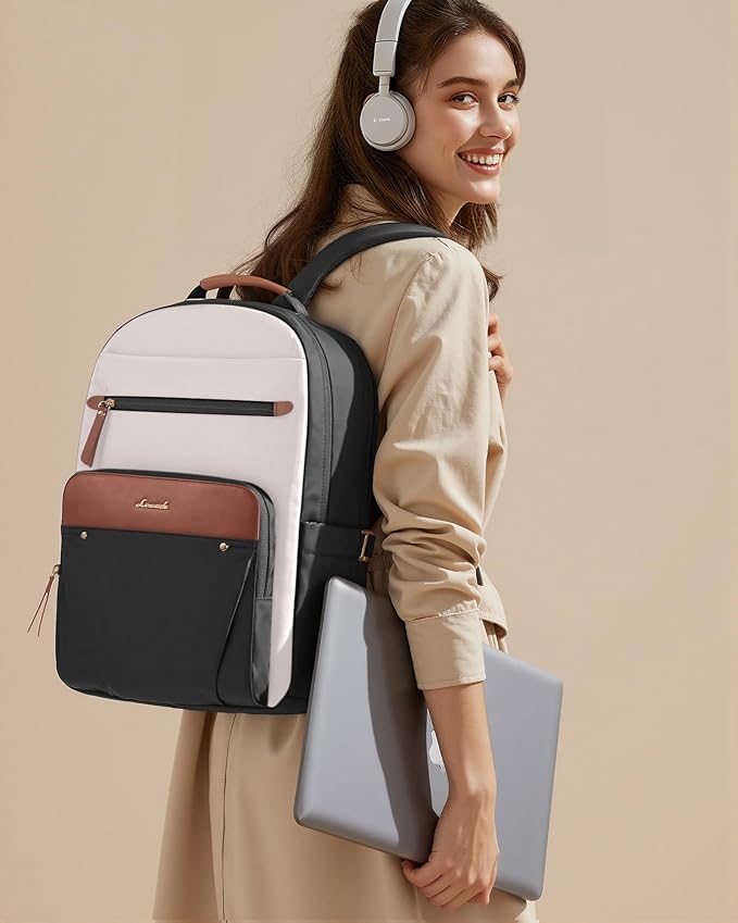 LOVEVOOK Laptop Backpack for Women, 15.6" Work Backpack Purse, Travel Personal Item Bag, Carry On Business Computer Bag, Casual Daypack for Office, School, or Gift, Cream Chestnut Brown