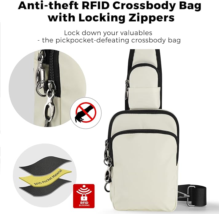 VADOO Sling Bag, Crossbody Bag with Zipper Lock, RFID Blocking & Water Resistant for Men and Women