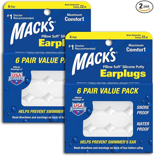 Mack's Pillow Soft Silicone Earplugs - 6 Pair (Pack of 2), Value Pack – The Original Moldable Silicone Putty Ear Plugs for Sleeping, Snoring, Swimming, Travel, Concerts and Studying