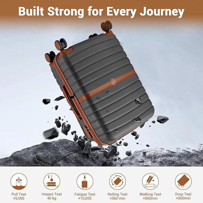 Kono Expandable 28 Inch Luggage with Spinner Wheels, Large Checked Luggage with Lock, Lightweight & Anti-Scratch PC+ABS Hardshell Travel Suitcase, Grey/Brown