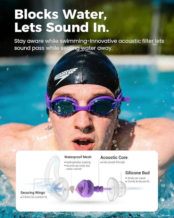 Ear Plugs for Swimming–2 Pairs Soft Silicone Reusable Waterproof Earplugs for Adults & Men Women, Custom Fit for Swimmers Ear, Pool, Beach, Snorkeling, Surfing, Kickboard Training(Purple)