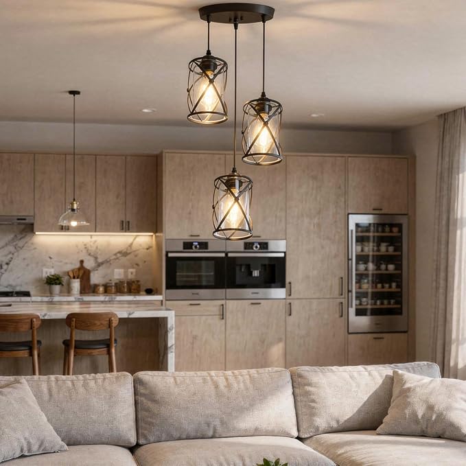 3 Light Pendant Lighting, Farmhouse Hanging Light Fixture for Kitchen Island & Dining Room, Industrial Vintage Ceiling Lamp with E26 Base, Adjustable Height, Matte Black with Glass Shades