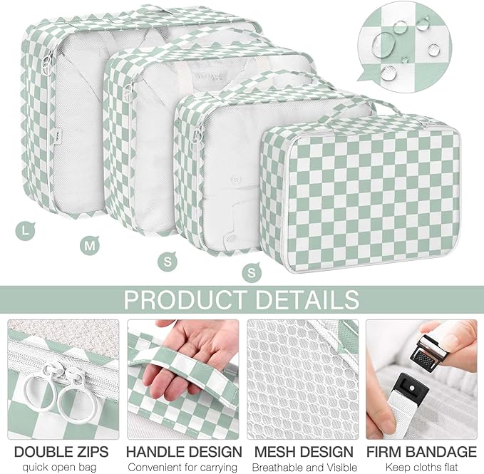 KPX 8 Set Packing Cubes for Travel, Luggage Packing Organizers Accessories Large Toiletries Bag for Clothes Shoes Cosmetics (8Set-Green Checkered)