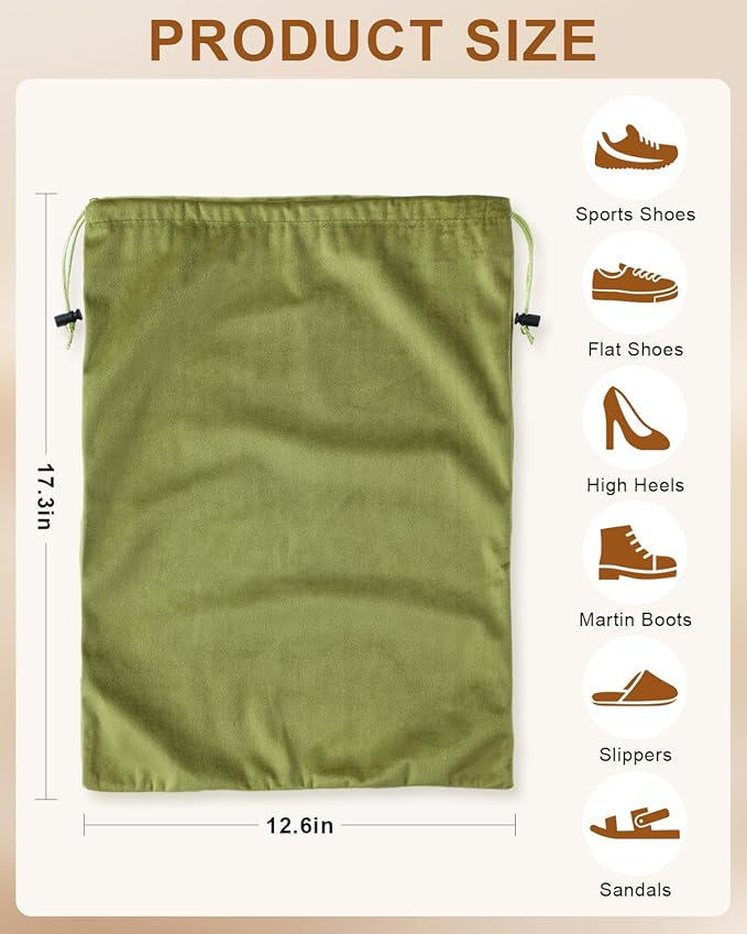 FantasyLife Shoe Bags for Travel, 17.3"x12.6" Washable Dust Bags for Storage & Packing, Flannel Shoe Pouch with Drawstring Closure for Purses, Handbags, Shoes & Toys (2, Sage Green)