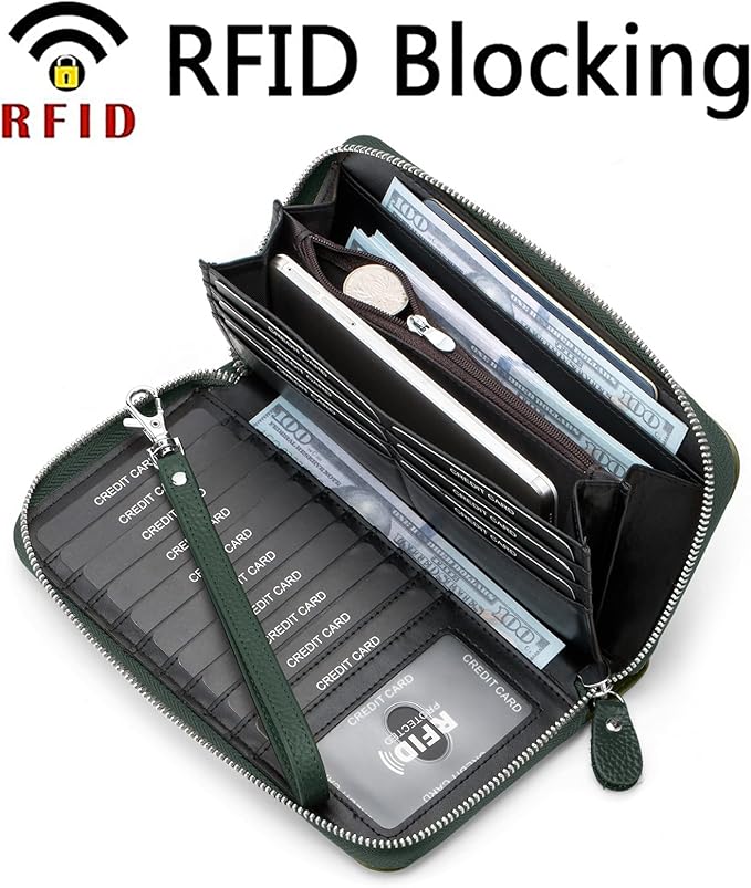 Moflycom Womens Wallet RFID Blocking Genuine Leather Multi Credit Card Large Capacity Zip Around Clutch Travel Purse Wristlet