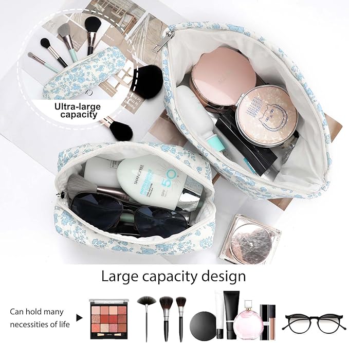 EIMMBD Makeup Bag 3 Pieces Large Capacity Cosmetic Bag Travel Toiletry Bag Organizer Cute Makeup Bag Pouch Storage Bag for Women(Blue White)