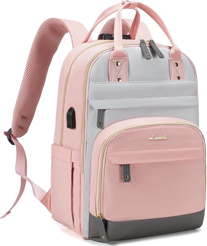 LOVEVOOK Backpack for Women,Laptop Backpack Women,Fits 15.6 Inch Laptop Bag,School Backpacks,Fashion Travel Work Anti-theft Bag,Waterproof Business Computer College Backpack Purse,Grey-Pink-Grey