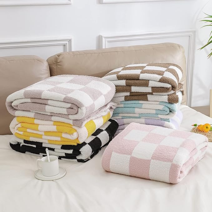 bearberry Fuzzy Checkerboard Grid Throw Blanket Soft Cozy Warm Microfiber Bed Blanket Decor for Couch Sofa Bed Travel Home (Pink, 60''x80'')