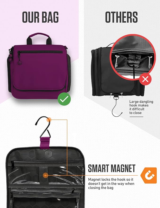 VENTURE 4TH Hanging Travel Toiletry Bag for Women & Men – Large Toiletry Organizer with 18 Compartments, Removable TSA Pouch, Travel Wash Bag for Toiletries, Makeup & Shaving Kit (Purple)