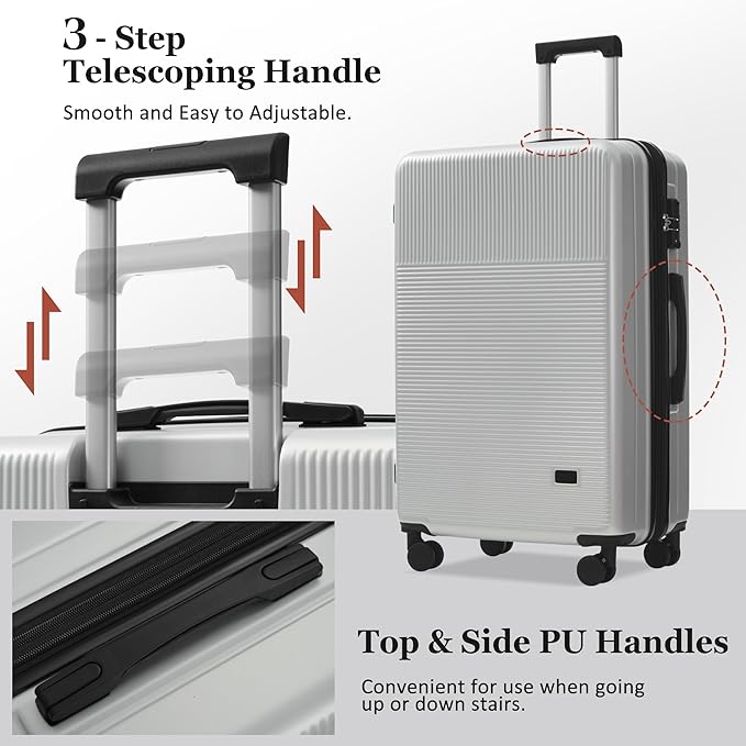 Merax Luggage Sets 5 Piece with Half-opening, Hardside 20" Carry On Suitcase Set with USB Port,Lightweight Travel 24" 28" Luggage with Bags TSA Locks Double Spinner Wheels,Silver