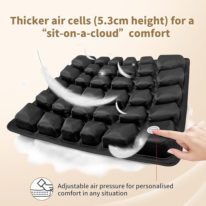 Air Inflatable Travel Seat Cushion with Built-in Pump & Carry Bag– Portable & Adjustable for Airplane, Car, Office – Coccyx, Sciatica & Tailbone Pain Relief (Black)