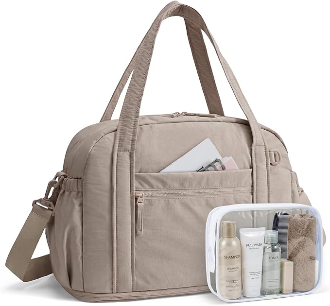 BAGSMART Expandable Personal Item Travel Bag, Lightweight Gym Bag for Women, 24L Weekender Travel Duffle with Toiletry Bag, Carry on Overnight Duffel, Camel