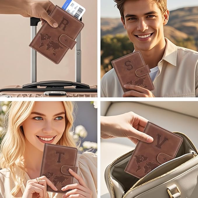Passport Holder Wallet Cover Personalized Letter A-Z Travel Wallet RFID Blocking Passport Cover Wallet Case for Travel Passport Book Holders for Women and Men, Brown-S