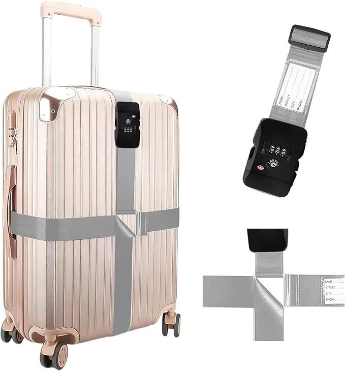 Luggage Straps, Silver TSA Approved Cross Luggage Strap Belt with Combination Lock for Suitcases, 1 Pack Adjustable Heavy Duty Cross Style Suitcase Straps with Name Tags for Travel