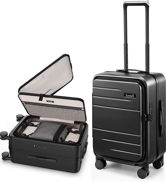 LUGGEX Carry On Luggage Top Opening & Front Opening, FLP Aluminum Frame Trunk Style Luggage with Front Pocket, Polycarbonate Hard Shell Suitcase (FX- Enhance, Blue, 21 Inch, 38L)