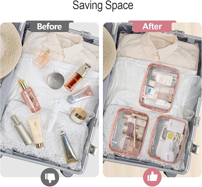 PACKISM TSA Approved Toiletry Bag 2 Pack - 1 Medium TSA Quart Carry-On & 1 Large for Checked Luggage, Water-resistant Clear Makeup Bag Clear Travel Bags for Toiletries, Rose Pink