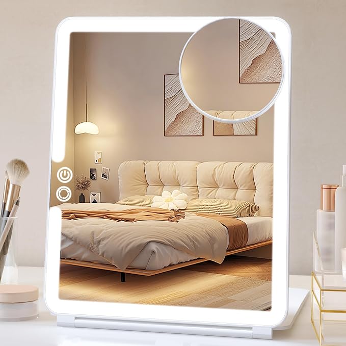 FUNTOUCH Rechargeable Large Travel Makeup Mirror with Lights, 2500mAh 10x7.5 Portable Lighted Makeup Mirror with 3 Color Lights, Dimming Folding Light Up Travel Mirrors with 10X Magnifying Mirror