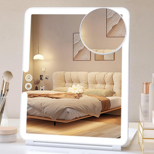 FUNTOUCH Rechargeable Large Travel Makeup Mirror with Lights, 2500mAh 10x7.5 Portable Lighted Makeup Mirror with 3 Color Lights, Dimming Folding Light Up Travel Mirrors with 10X Magnifying Mirror