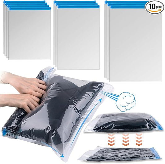 10 PCS Compression Bags for Travel Essentials, 3 Sizes Space Saver Bags, No Vacuum or Pump Needed, Roll Up Vacuum Packing for Clothing Storage, Cruise Accessories, Luggage & Home Organizers