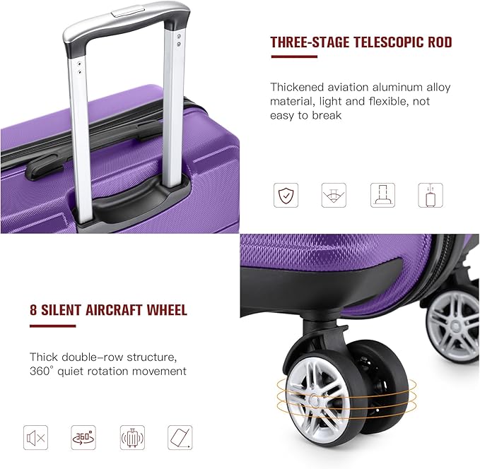 Kono 20" Carry on Luggage with Spinner Wheel TSA Lock, Lightweight PC+ABS Hardside Luggage Durable Small Carry on Suitcase Purple