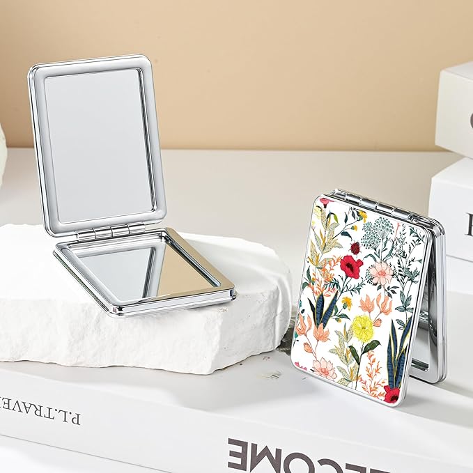 Pocket Mirror, Small Travel Mirror with Magnification, Portable Double-Sided Magnifying Cosmetic Mirror for Daily (White Flowers)