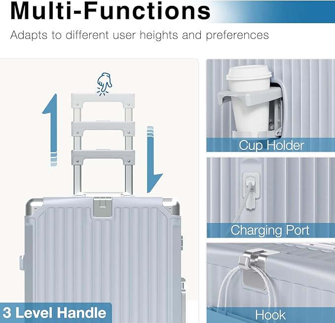 Krute Zipperless Luggage with Spinner Wheels Checked Aluminum Frame Luggage PC Hard Shell Suitcase with Charger and Cup Holder TSA Lock No Zipper 24 Inch Suitcases