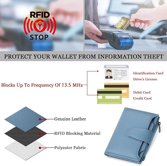 Airkit Small Wallet Women RFID Blocking Soft Leather Bifold Compact Card Holder Wallet for Women with Zipper Coin Pocket 4 ID Window