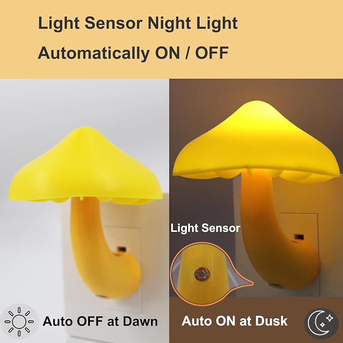 3 Pack LED Mushroom Night Light Plug in Lamp Warm Yellow Light Sensor Night Lights Plug into Wall, Dusk to Dawn Sensor NightLight for Adults Kids Room Bedroom Bathroom Hallway Kitchen