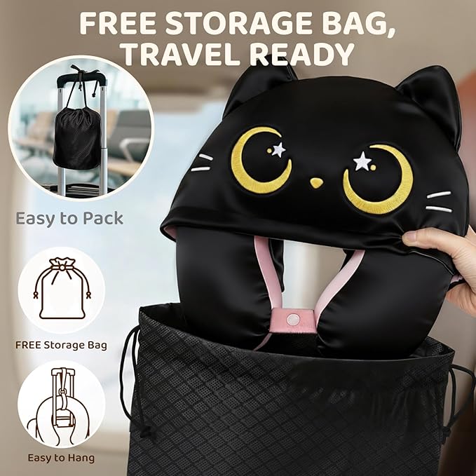 Mewaii Travel Neck Pillow with Hood for Airplanes,Memory Foam,Breathable Ice Silk & Soft Velvet,Double-Sided,Removable to Clean,Adjustable Strap,Portable Travel Pillow for Long Flights Adults & Teens