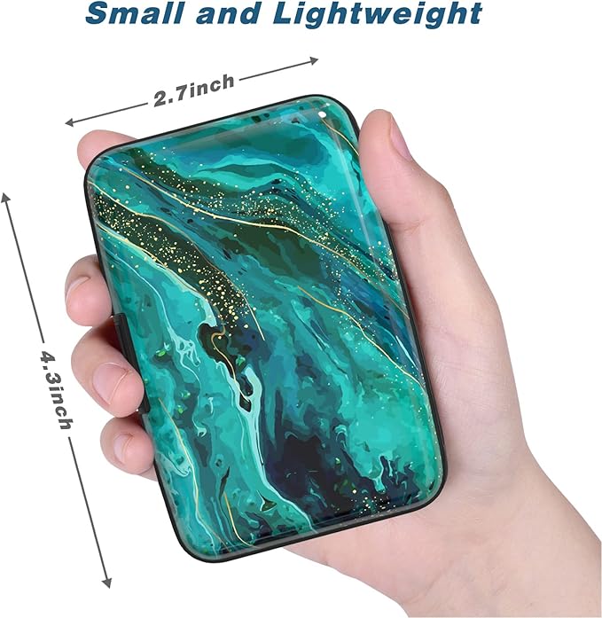Credit Card Holder, Mini Aluminum Card Wallet RFID Blocking Slim Metal Hard Card Case for Women Men, Ocean Marble