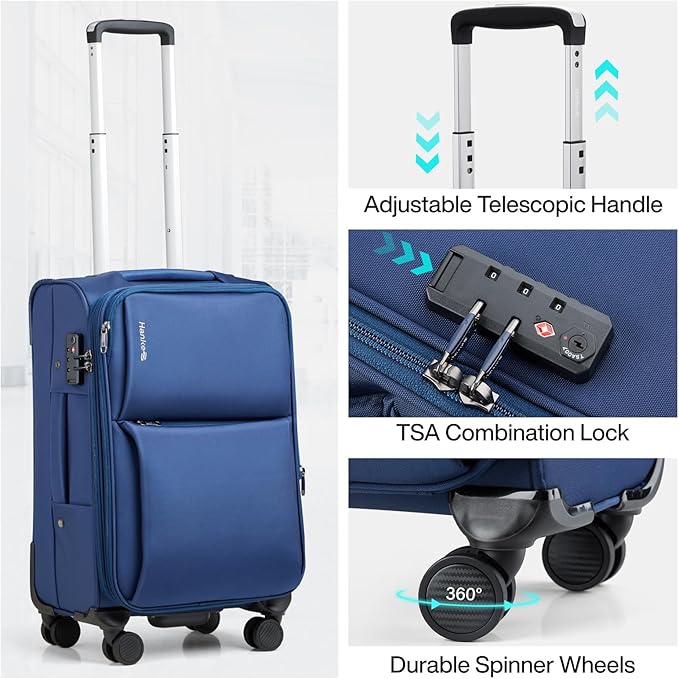 Hanke 24 Inch Luggage Expandable Softside Checked Suitcases with Spinner Wheels, Upright Rolling Luggage Suitcases Travel TSA Luggage Bag for Women Men(Blue)