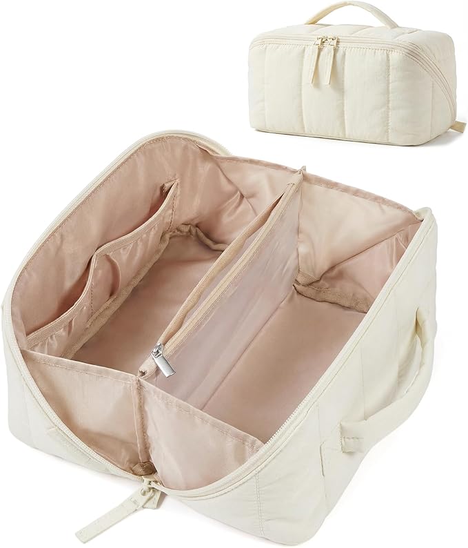 BAGSMART Travel Makeup Bag for Women, Portable Water-resistant Cosmetic Case, Puffy Padded Make Up Organizer Pouch, Open Flat Toiletry Bag for Toiletries, Brushes, Light Beige