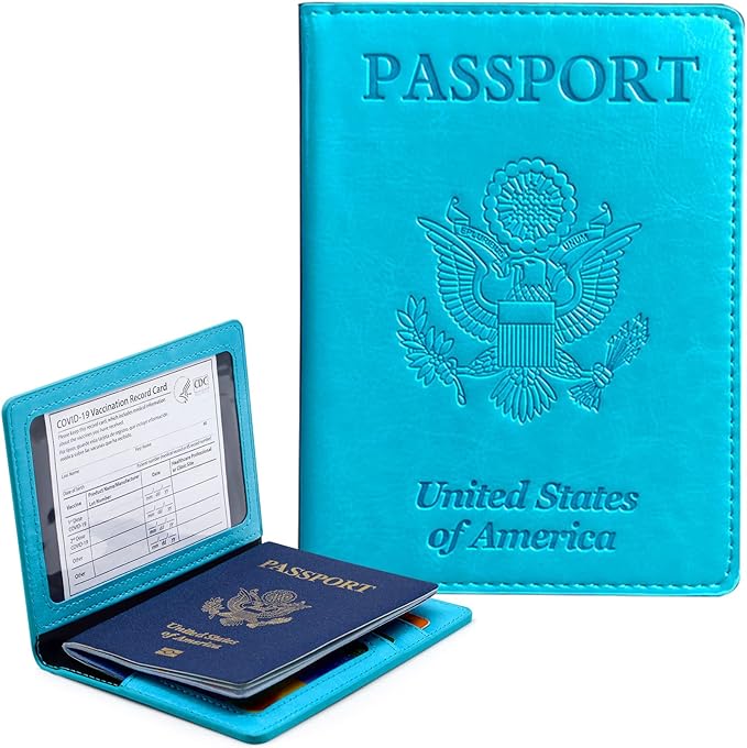 Passport Holder Cover Wallet Case RFID Blocking Leather Card Slot Travel Accessories Documents Organizer Protector for Women Men, Sky Blue