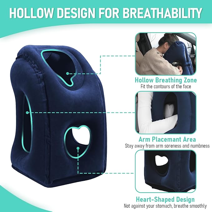 Inflatable Travel Pillow for Airplanes, Airplane Pillow for Long Flight Comfortably Supports, Used for Planes, Trains, Cars, Includes Storage Bag, Eye Mask & Earplugs (Blue)