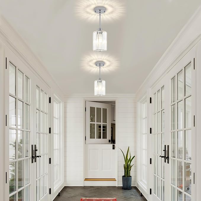 2 Pack Chrome Pendant Lights Over Island Modern Crystal Kitchen Lighting | Hanging Hallway Ceiling Lights, Adjustable Height Pendant Lighting for Dining Room Bathroom Bedroom Above Sink