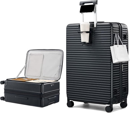 Hard Shell Suitcases 28 Inch Large Checked Luggage with Spinner Wheels Cup Holder, Expandable Check in Luggage Lightweight Top Opening Luggage Big Rolling Suitcase with Lock, Black