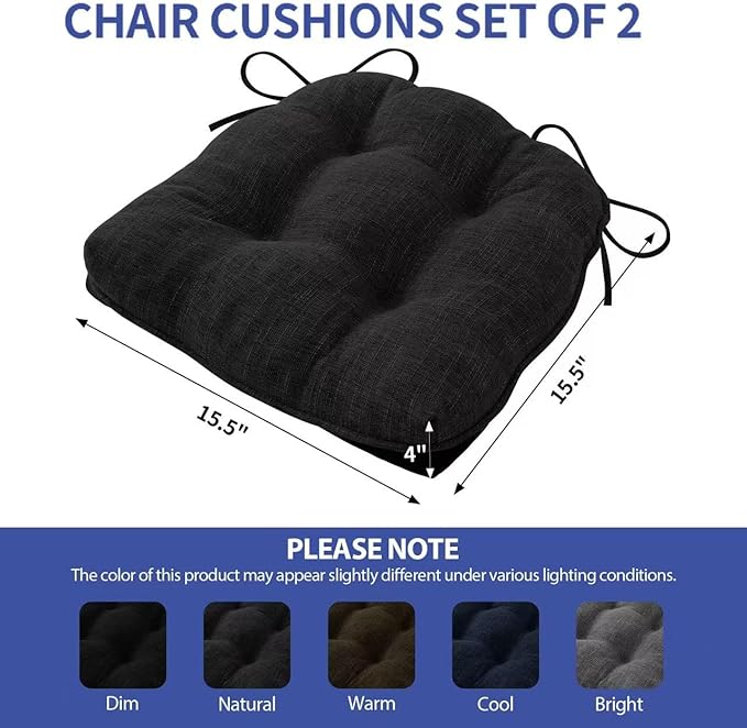 Chair Cushions for Dining Chairs Set of 2, Kitchen Chair Cushions, Chair Pads with Ties and Non Slip Backing, Tufted Memory Foam Seat Cushion 2 Pack, 15.5" x 15.5" x 4", Black