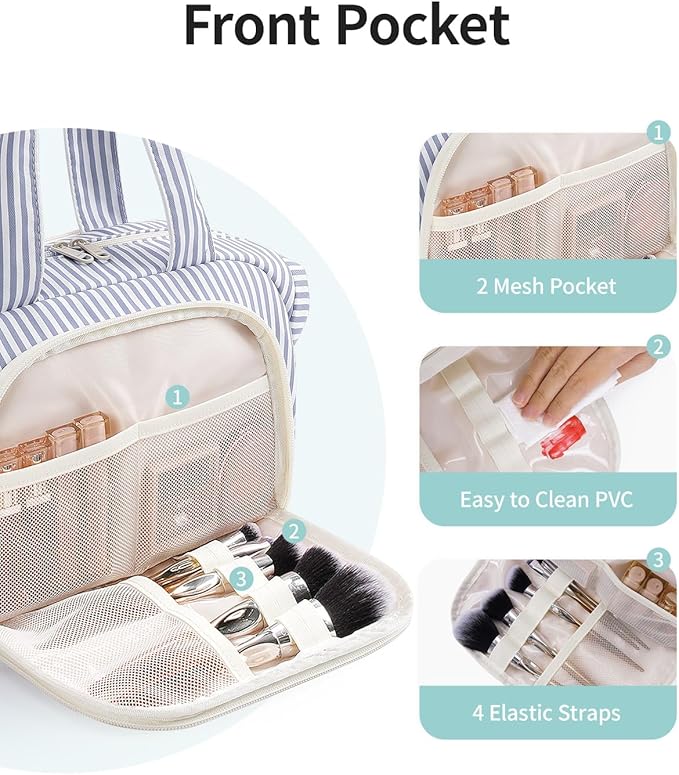 Narwey Travel Toiletry Bag for Women, Wide Open Large Makeup Bag, Cosmetic Bag Make Up Organizer with Handle, Wet Pocket for Towel, Travel Bag for Toiletries, Brushes, Essentials (Greyish Blue Stripe)