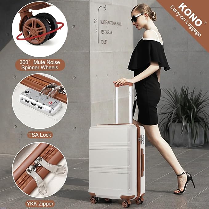 Kono 24 Inch Luggage Suitcase with Spinner Wheels TSA Lock Lightweight PC+ABS Hardside Medium Checked Luggage Durable Rolling Suitcase Cream White