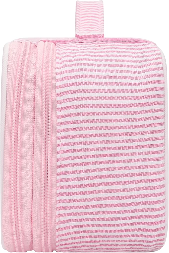 Relavel Cute Makeup Bag for Girls, Portable Pink Cosmetic Bag, Dual-layer Makeup Pouch with Brush Holder, Multi-Functional Preppy Toiletry Organizer for Travel, Daily Use - Pink Strip